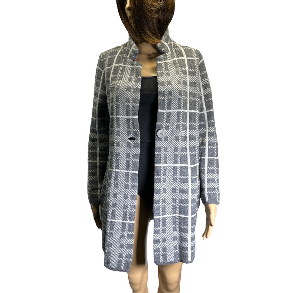 A.Ida Long Cardigan Jacket Light Coat Women's Size S Plaid Wool Blend Pockets